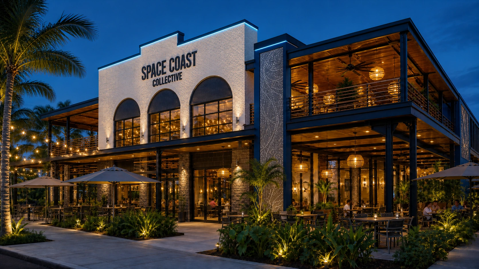 Space Coast Collective exterior concept at dusk, with warm dining terraces and tropical planting
